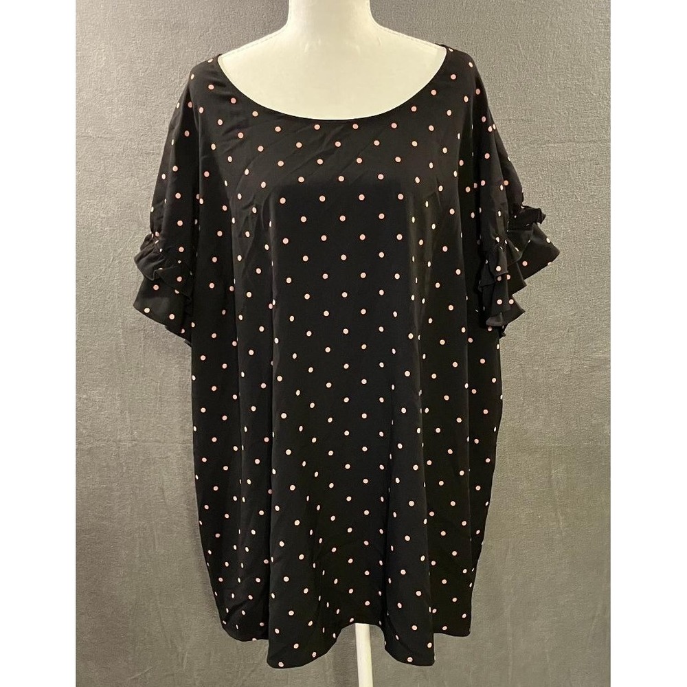 Lane Bryant Women's 28 Black Pink Polka Dot Flutter Tiered Sleeve Blouse Top
